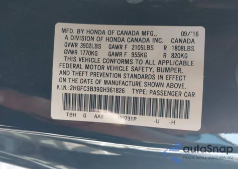 2016 Honda Civic Ex-T из США, поврежденный, VIN 2HGFC3B39GH361826